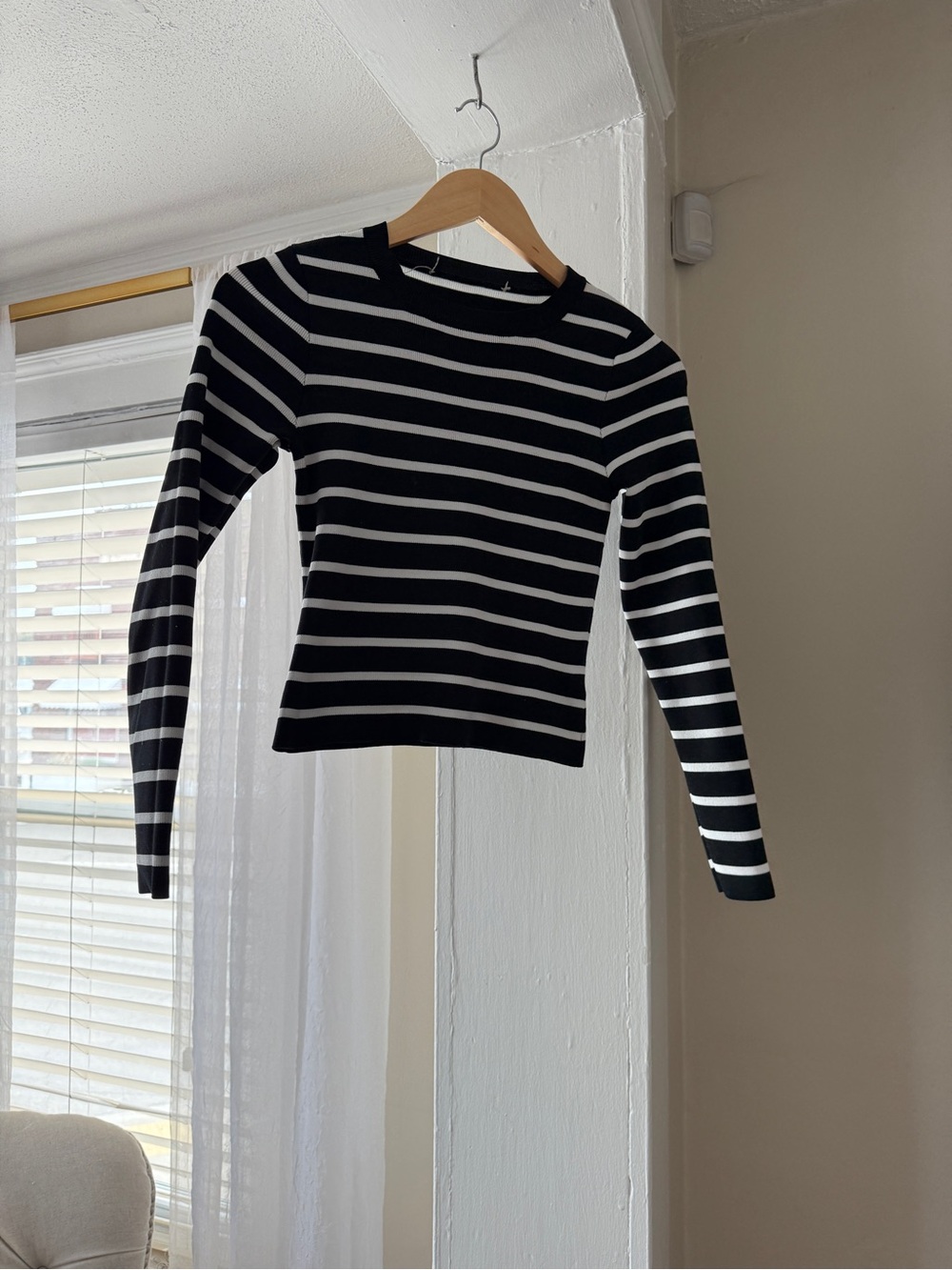Black & White Striped Long Sleeve Top Size S | Fitted Ribbed Knit